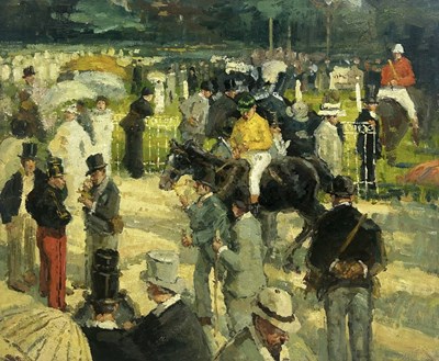 Lot 373 - AFTER HENRI JULIEN DUMONT (FRENCH 1859-1933): AN OIL PAINTING ON BOARD 'AT THE RACES'