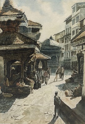 Lot 465 - AN INDIAN WATERCOLOUR OF A SQUARE IN NEPAL WITH FIGURES BY A MARKET STALL