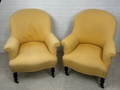 Lot 1049 - A PAIR OF 19TH CENTURY ARMCHAIRS UPHOLSTERED IN YELLOW FABRIC