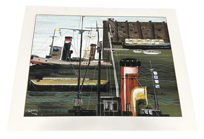 Lot 909 - AN ACRYLIC PAINTING ON PAPER DEPICTING SHIPS IN A HARBOUR