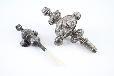 Lot 422J - TWO STERLING SILVER BABY RATTLES INCLUDING MOTHER OF PEARL