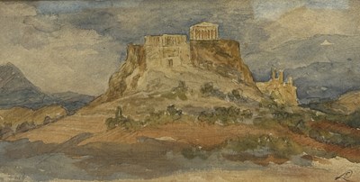 Lot 473 - A 19TH CENTURY WATERCOLOUR PAINTING DEPICTING THE ACROPOLIS IN ATHENS\