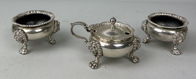 Lot 60 - A PAIR OF SILVER SALTS BY GOLDSMITHS AND SILVERSMITHS ALONG WITH A MUSTARD POT