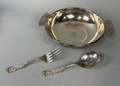 Lot 80A - A PRESENTATION FORK AND SPOON ALONG WITH A TWIN HANDLED DISH MARKED STERLING