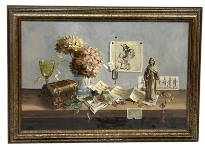 Lot 572 - DEBORAH JONES (BRITISH 1921-2012): AN OIL PAINTING ON CANVAS DEPICTING A STILL LIFE