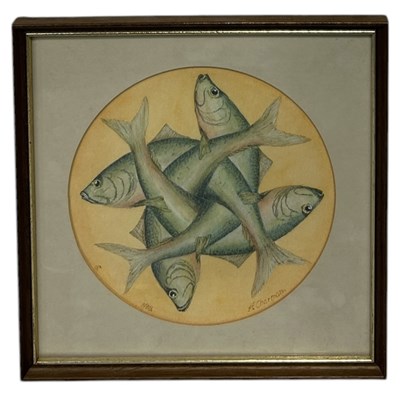 Lot 681 - AN ABSTRACT WATERCOLOUR PAINTING ON PAPER DEPICTING FISH