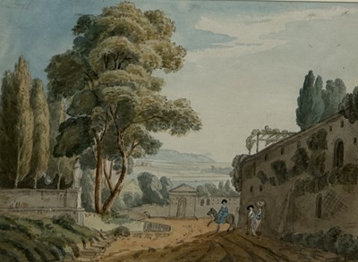 Lot 468 - AN EARLY 19TH CENTURY WATERCOLOUR PAINTING ON PAPER DEPICTING AN ITALIANATE LANDSCAPE