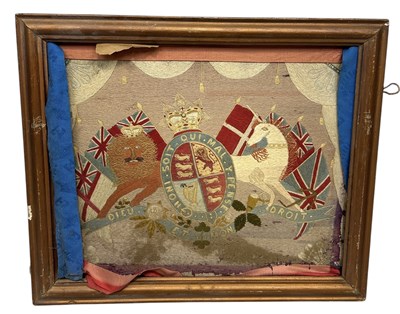 Lot 732 - A 19TH CENTURY EMBROIDERED BRITISH MILITARY PANEL WITH COAT OF ARMS 'DIEU ET MON DROIT'