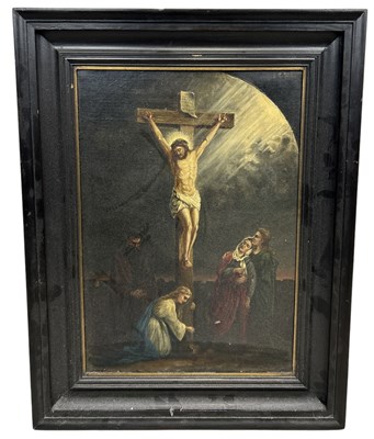 Lot 613 - AN OIL PAINTING ON CANVAS DEPICTING THE CRUCIFIXION OF CHRIST