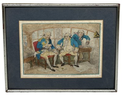 Lot 746 - AFTER THOMAS ROWLANDSON (1756-1827): A HAND COLOURED PRINT 'COMMANDERS ENGAGED AT SEA', 1785