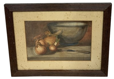 Lot 679 - A WATERCOLOUR PAINTING ON PAPER DEPICTING A STILL LIFE WITH ONIONS