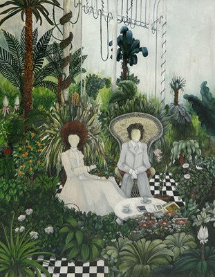 Lot 640 - A WATERCOLOUR PAINTING ON PAPER DEPICTING TWO FACELESS FIGURES HAVING TEA IN A GARDEN