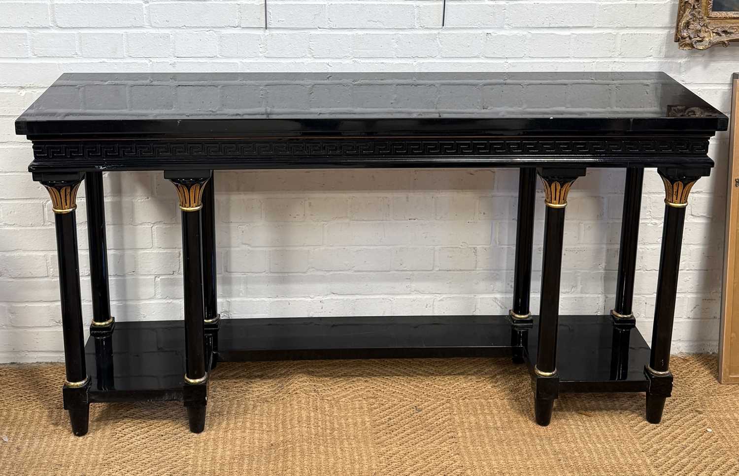 Lot 1036 - AN CLASSICAL STYLE EBONISED CONSOLE TABLE,