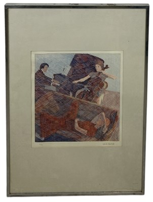 Lot 768 - ADRIAN BARTLETT (1939-2024): AN ETCHING ON PAPER DEPICTING A CELLIST