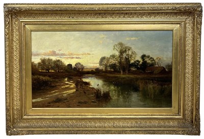 Lot 566 - A LARGE 19TH CENTURY OIL PAINTING ON CANVAS DEPICTING FIGURES AND A DOG WALKING ALONG A RIVER PATH