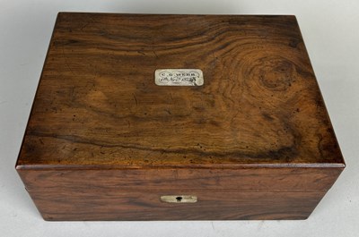 Lot 382 - A 19TH CENTURY ROSEWOOD BOX WITH MOTHER-OF-PEARL INLAID PLAQUE