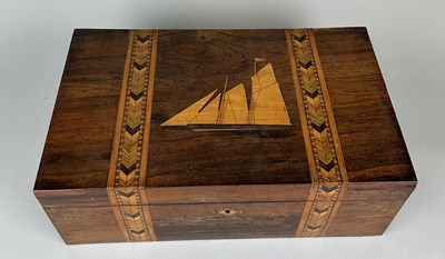 Lot 344 - AN 19TH CENTURY ROSEWOOD WRITING SLOPE WITH MARQUETRY INLAID SHIP