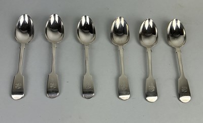 Lot 79 - A SET OF SIX SILVER TABLE SPOONS MARKED FOR ELIZABETH EATON