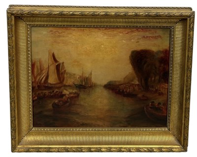 Lot 378 - AFTER J.M.W TURNER: AN OIL PAINTING ON CANVAS POSSIBLY DEPICTING VENICE, WITH SAILING CRAFT