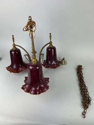 Lot 973 - A VICTORIAN-STYLE BRASS CHANDELIER WITH TULIP SHADES