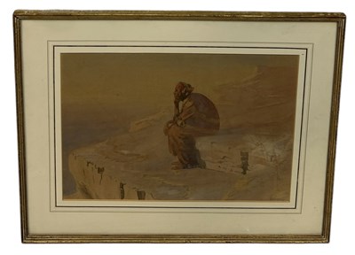 Lot 452 - A 19TH CENTURY AMERICAN-INDIAN SUBJECT WATERCOLOUR PAINTING ON PAPER DEPICTING AN INDIAN CHIEF LOOKING AT THE PLAINS