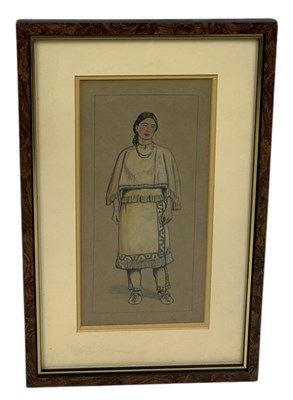 Lot 467 - AN EARLY WATERCOLOUR PAINTING ON PAPER DEPICTING A YOUNG AMERICAN-INDIAN GIRL DRESSED IN HIDES