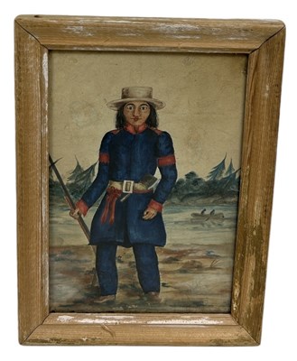 Lot 460 - AN 18TH OR 19TH CENTURY WATERCOLOUR PAINTING ON PAPER DEPICTING AN AMERICAN INDIAN TRAPPER WITH GUN CROSSING A RIVER WITH CANOE AND FIGURES IN THE BACKGROUND