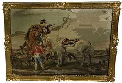 Lot 525 - A LARGE 19TH CENTURY EMBROIDERY DEPICTING A FATHER AND SON HUNTING WITH HAWKS