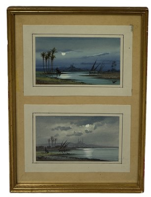 Lot 470 - A PAIR OF 19TH CENTURY WATERCOLOUR PAINTINGS ON PAPER DEPICTING THE RIVER NILE, EGYPT WITH FIGURES SAILING IN THE SUNSET