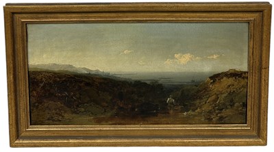 Lot 377 - EDMUND JOHN NIEMANN (1813-1876): AN OIL PAINTING ON CANVAS DEPICTING A COASTAL MOUNTAIN LANDSCAPE WITH FISHERMEN