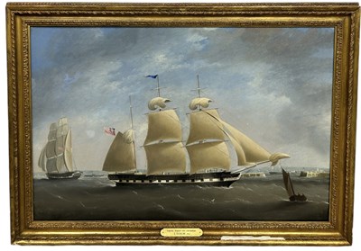 Lot 359 - JOHN TUDGAY (BRITISH 19TH CENTURY): A LARGE OIL PAINTING ON CANVAS 'SAILING BARQUE OFF CHERBOURG' DATED 1842