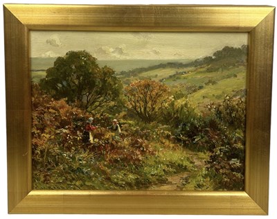 Lot 374 - ERNEST HIGGINS RIGG (BRITISH 1868-1947): AN OIL PAINTING ON BOARD 'BLACKBERRY PICKERS'