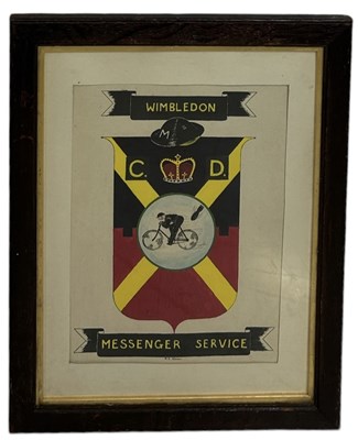 Lot 478 - WIMBLEDON INTEREST: A WATERCOLOUR PAINTING OF A COAT OF ARMS FOR 'WIMBLEDON MESSENGER SERVICE'