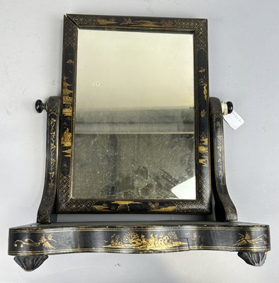 Lot 689 - AN ANTIQUE BLACK LACQUERED CHINOISERIE DRESSING TABLE MIRROR