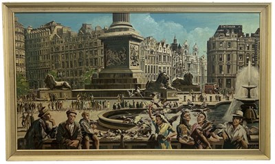 Lot 366 - CLARANCE E BLACKBURN (BRITISH 1914-1984): AN OIL PAINTING ON CANVAS 'TRAFALGAR SQUARE'