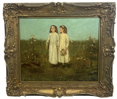 Lot 367 - FRANCIS WILFRED LAWSON (BRITISH 1842-1935): AN OIL PAINTING ON CANVAS DEPICTING TWO YOUNG GIRLS IN A MEADOW