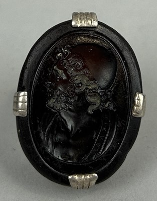 Lot 154 - A CARVED GEMSTONE INTAGLIO CARVED WITH A CLASSICAL BUST OF A SCHOLAR