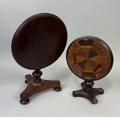 Lot 892 - TWO ANTIQUE MINIATURE MAHOGANY APPRENTICE TILT-TOP TABLES TO INCLUDE ONE WITH MARQUETRY DETAIL