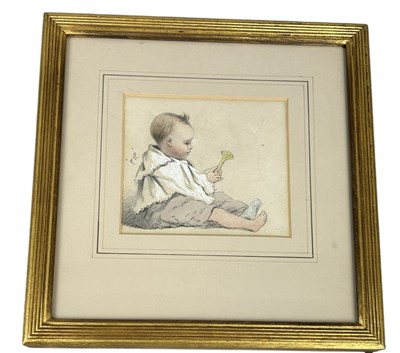 Lot 484 - A PENCIL DRAWING WITH WATERCOLOUR DEPICTING A BABY 'PIP' HOLDING A RATTLE