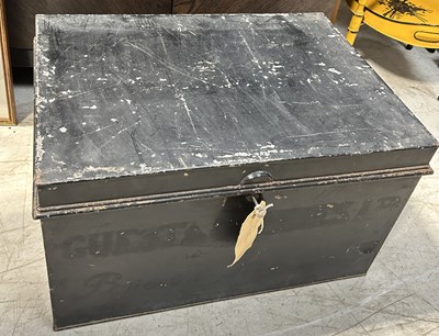 Lot 694 - AN ANTIQUE BLACK PAINTED TIN TRUNK