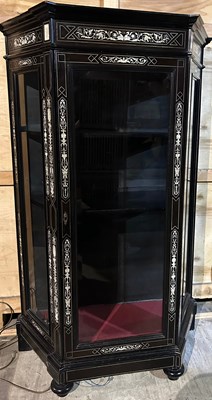 Lot 43 - A FRENCH EBONISED DISPLAY CABINET, inlaid with...