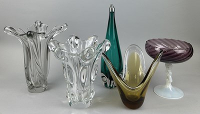 Lot 613 - TWO MURANO HEAVY CLEAR GLASS FLARED VASES ALONG WITH A GREEN LAMP BASE WITH LOBED FOOT, AMETHYST TINTED BOWL WITH OPALINE STEM AND FOOT AND ANOTHER (5)