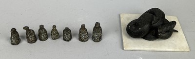 Lot 214 - CHINESE BRONZE FIGURES AND A POTTERY SNAKE