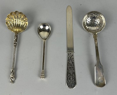 Lot 6 - TWO SILVER APOSTLE SPOONS ALONG WITH A SILVER LETTER OPENER AND STRAINER