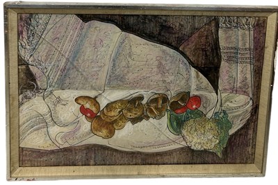 Lot 500 - WILLIAM DE BELLE ROCHE (BRITISH, 20TH CENTURY): A PASTEL DRAWING ON PAPER DEPICTING A STILL LIFE WITH VEGETABLES