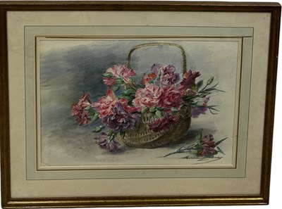 Lot 456 - MADAME DE LEMAIRE (1845-1928): A WATERCOLOUR PAINTING ON PAPER DEPICTING A BASKET OF FLOWERS