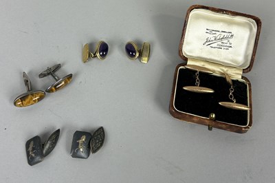 Lot 59 - FOUR PAIRS OF CUFFLINKS TO INCLUDE TWO 9CT GOLD PAIRS, ONE SET WITH OVAL CUT AMETHYSTS