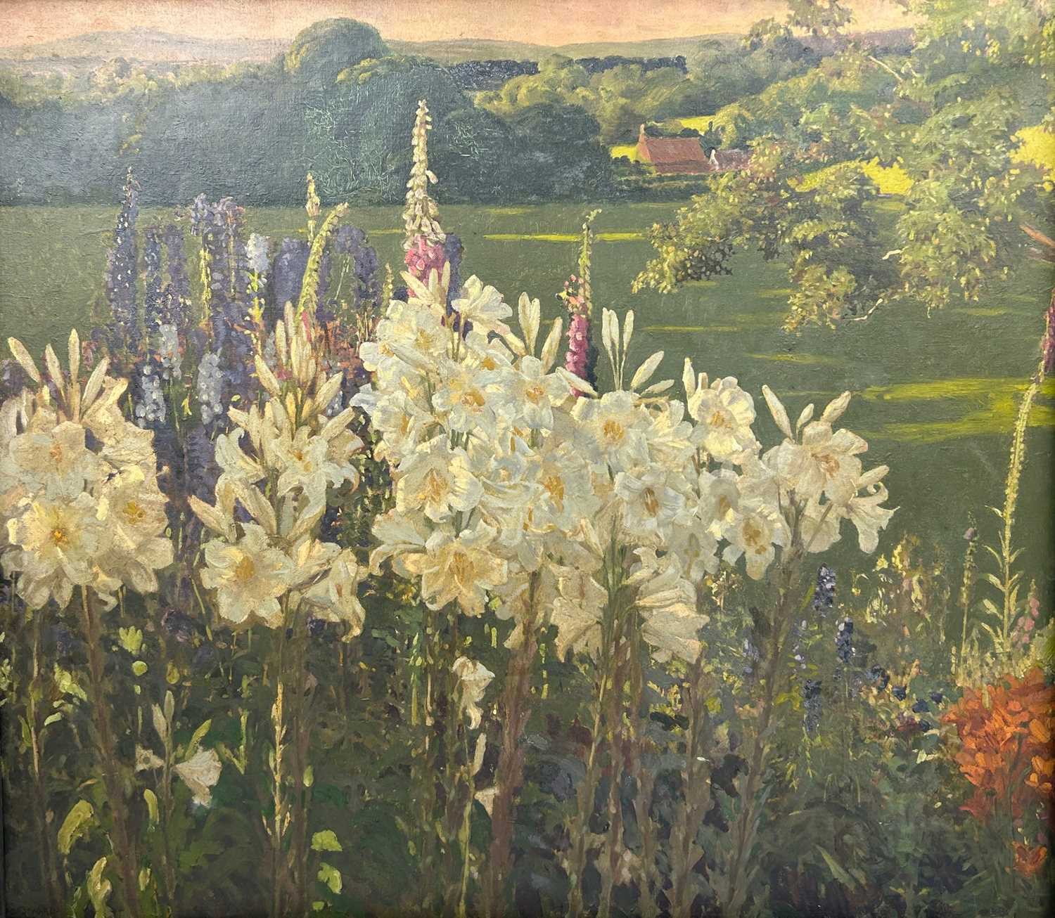 Lot 74 - A LARGE OIL ON CANVAS PAINTING OF A FIELD...