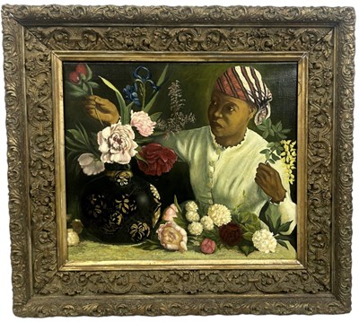 Lot 364 - AN OIL PAINTING ON CANVAS DEPICTING A YOUNG NEGRO GIRL WITH A BASKET OF FLOWERS