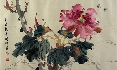 Lot 88 - A LARGE CHINESE INK AND WATERCOLOUR ON PAPER...